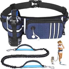 Hands Free Dog Leash with Waist Bag for Medium to Large Dogs, Dual-Handle Reflective Bungee Leash with Poop Bag Dispenser Pouch, Adjustable Waist Belt for Night Walking Jogging Hiking