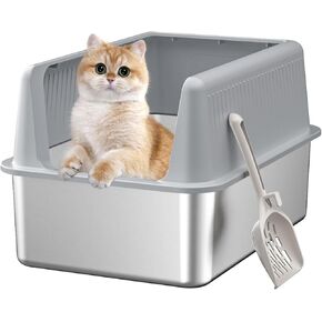 Stainless Steel Cat Litter Box with Lid,XL,19.7" L x 13.8" W x 11.8"H Deep,Large Metal Litter Box with High Side,for Small and Large Cats,Anti-Leakage Non-Sticky Easy Cleaning Include Litter Scoop