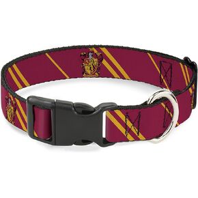 Warner Bros. Pet Collar, Dog Collar Plastic Buckle, Gryffindor Crest Stripe Burgundy Gold, 15 to 24 Inches 1.0 Inch Wide