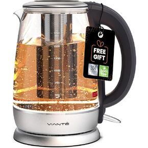 Glass Electric Tea Kettle. Fast Water Boiler. BPA-FREE Stainless Steel & Borosilicate Glass. Designed in Italy. 8 Cups Capacity. 1.7 Liters by Vianté