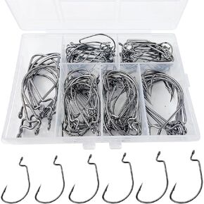 101/111Pcs Fishing Hooks,Fishing Offset Worm Hooks with High Carbon Steel Strong Sharp Hooks with Portable Plastic Box for Freshwater Saltwater Mixed 6 Size