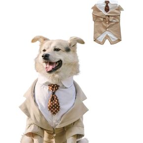 HDKUW Large Dog Wedding Shirt, Dog Tuxedo with Bow Tie, Dog Wedding Formal Suit, Doggie Prince Gentleman Costume for Medium Large Dogs Khaki 7XL