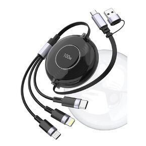 Retractable Multi Charging Cable 100W - USB-C 3 in 1 Charging Cable 4FT Travel Essentials iPhone Charger Cord,USB C [100W]+Lightning[27W]+Micro for iPad,MacBook,Samsung/Phone15 14 13 12 11 - Black