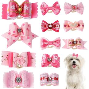 12Pcs Dog Hair Bows, Puppy Bows for Small Size Dog 1.8 Inch Cute Dog Bows Handmade Pink Dog Bows with Rubber Bands Rhinestones Small Dog Hair Accessories for Puppy Kitten Pet Hair Grooming Accessories