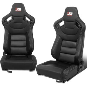J2 Engineering J2-RS-003-BK Red Stitching Alcantara Reclinable Back Rest Racing Bucket Seats for 4 Point Harness, 38" H X 21" W X 23" D, 1 Pair