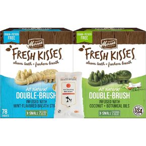 Aurora Pet Variety Pack (2) Merrick Fresh Kisses Double-Brush X-Small Dental Dog Treats (1) Coconut + Botanical Oils (1) Mint-Flavored Breath Strips Grooming Wipes