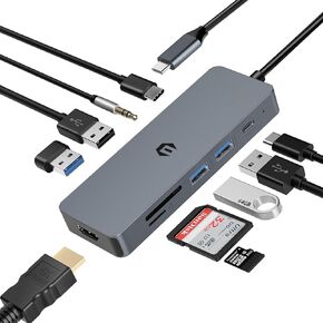 10 Ports Multiport Hub, USB C Hub Adapter Dual Display with 4K HDMI, USB C Dock for Type C Laptop and Tablet, Dongle (PD Charging Port,USB 3.0 5Gbps,SD/TF Card Reader)