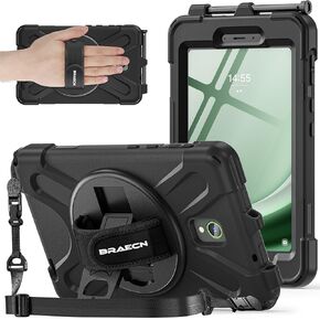 BRAECNstock for Samsung Galaxy Tab Active 5/ Active 3 Case 8 inch with Screen Protector Shockproof Protective Galaxy Tab Active 5/3 Tablet Cover for Kids Rotating Hand Strap + Stand Pen Holder - Black