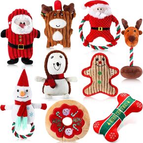 9 Pcs Christmas Dog Toys Christmas Plush Dog Squeaky Toys, Santa, Gingerbread Man, Reindeer, Snowman and Donuts Interactive Toys Xmas Gift for Puppy Medium Small Dogs