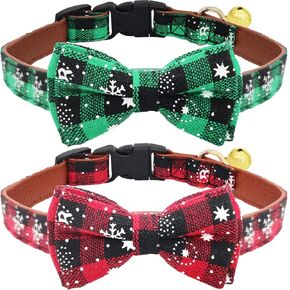 KUDES 2 Pack/Set Christmas Snowflake Dog Collars Breakaway with Bow Tie and Bells for Cat and Small/Medium/Large Pets, Red & Green
