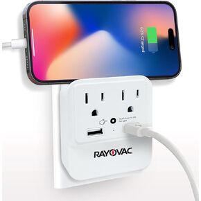 Rayovac Surge Protector with Night Light, 2 Outlet Power Strip with 2 USB-A Ports Adapter for Home, School, or Office, White