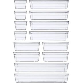 14 PCS Clear Plastic Drawer Organizer Tray for Makeup, Kitchen Utensils, Jewelries and Gadgets