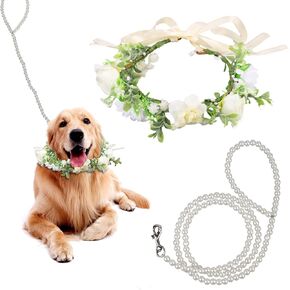 Flower Collar for Dogs Wedding, Puppy Wedding Flowers Dog Wedding Collar Female Puppy Dog Collar with Flower Accessory Pearls Beaded Dog Leash for Medium Dogs Pets Photo Prop