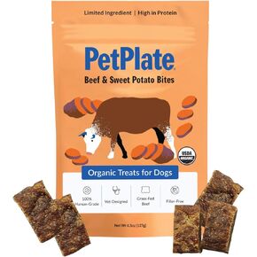PetPlate Beef and Sweet Potato Bites, Human Grade Dog Treats, All Life Stages, Grain-Free, Organic and Real Ingredients, High Protein, Healthy Snacks (Pack of 1, 4.5 Ounce)