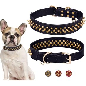 Faux Leather Spiked Studded Dog Collar Adjustable 3 Rows Rivet Spikes Dog Collar for Small Medium Large Dogs (L(Neck:14.8"-18.7"), Black(Collar&Leash Set))