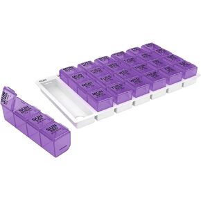 Ezy Dose Weekly (7-Day) Pill Organizer, Vitamin and Medicine Box, Large Pop-Out Compartments, 4 Times a Day, Assorted Colors