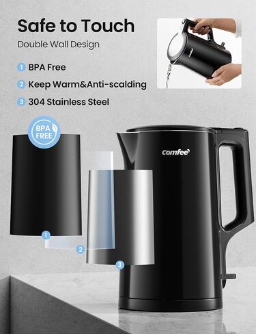 COMFEE' Stainless Steel Cordless Electric Kettle. 1500W Fast Boil with LED Light, Auto Shut-Off and Boil-Dry Protection. 1.7 Liter in Kuwait