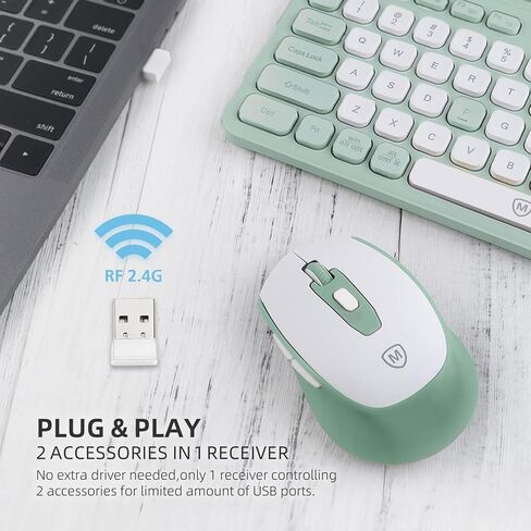 Green Wireless Keyboard and Mouse Combo, 2.4G Ergonomic Wireless Computer Keyboard with Phone Tablet Holder, Silent Mouse with 6 Buttons, Compatible with MacBook, Windows(KM-239W-GNWH) in Saudi Arabia