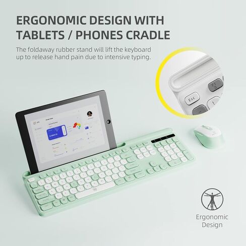 Green Wireless Keyboard and Mouse Combo, 2.4G Ergonomic Wireless Computer Keyboard with Phone Tablet Holder, Silent Mouse with 6 Buttons, Compatible with MacBook, Windows(KM-239W-GNWH) in Saudi Arabia