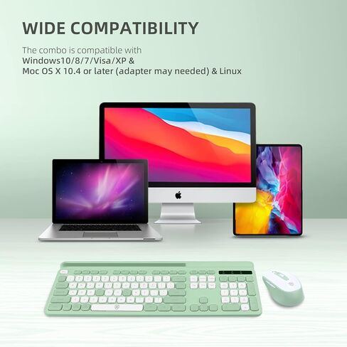 Green Wireless Keyboard and Mouse Combo, 2.4G Ergonomic Wireless Computer Keyboard with Phone Tablet Holder, Silent Mouse with 6 Buttons, Compatible with MacBook, Windows(KM-239W-GNWH) in Saudi Arabia