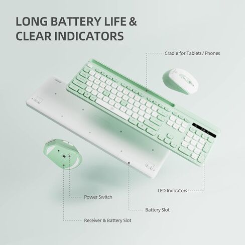 Green Wireless Keyboard and Mouse Combo, 2.4G Ergonomic Wireless Computer Keyboard with Phone Tablet Holder, Silent Mouse with 6 Buttons, Compatible with MacBook, Windows(KM-239W-GNWH) in Saudi Arabia