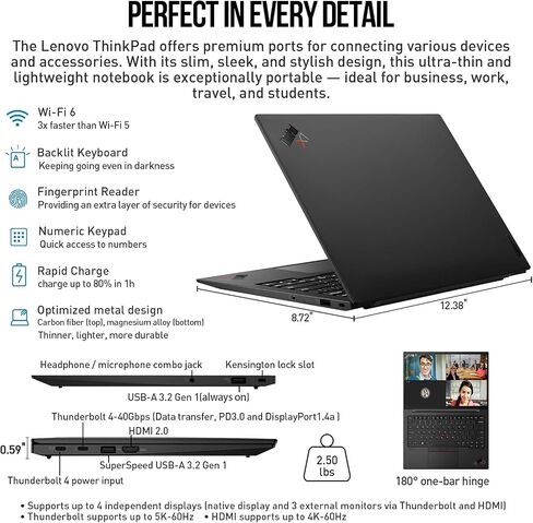 كمبيوتر محمول Lenovo Thinkpad X1 Carbon، كمبيوتر محمول للأعمال WUXGA مقاس 14 بوصة، كمبيوتر محمول Intel Core i7 رفيع وخفيف الوزن، ذاكرة وصول عشوائي 16 جيجابايت و1 تيرابايت SSD، Windows 11 Pro Office مدى الحياة، لوحة أرقام ذات 10 مفاتيح بإضاءة خلفية Thunder in Saudi Arabia