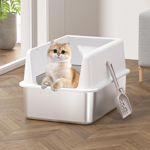 Stainless Steel Cat Litter Box with Lid,XL,19.7" L x 13.8" W x 11.8"H Deep,Large Metal Litter Box with High Side,for Small and Large Cats,Anti-Leakage Non-Sticky Easy Cleaning Include Litter Scoop in Saudi Arabia