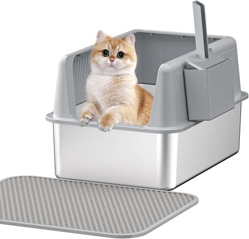 Stainless Steel Cat Litter Box with Lid,XL,19.7" L x 13.8" W x 11.8"H Deep,Large Metal Litter Box with High Side,for Small and Large Cats,Anti-Leakage Non-Sticky Easy Cleaning Include Litter Scoop in Saudi Arabia
