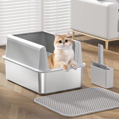 Stainless Steel Cat Litter Box with Lid,XL,19.7" L x 13.8" W x 11.8"H Deep,Large Metal Litter Box with High Side,for Small and Large Cats,Anti-Leakage Non-Sticky Easy Cleaning Include Litter Scoop in Saudi Arabia