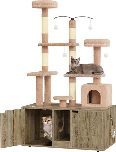 DWVO Double Cat Litter Box Enclosure with Cat Tree, Litter Box Furniture Hidden for 2 Cats, All-in-one 70.9-Inch Litter Box Furniture with Cat Tower Condo Food Station and Large Platform, Oak in Saudi Arabia