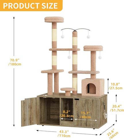DWVO Double Cat Litter Box Enclosure with Cat Tree, Litter Box Furniture Hidden for 2 Cats, All-in-one 70.9-Inch Litter Box Furniture with Cat Tower Condo Food Station and Large Platform, Oak in Saudi Arabia