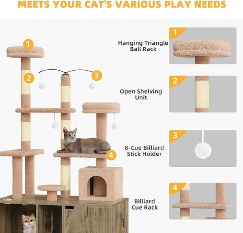 DWVO Double Cat Litter Box Enclosure with Cat Tree, Litter Box Furniture Hidden for 2 Cats, All-in-one 70.9-Inch Litter Box Furniture with Cat Tower Condo Food Station and Large Platform, Oak in Saudi Arabia