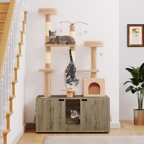 DWVO Double Cat Litter Box Enclosure with Cat Tree, Litter Box Furniture Hidden for 2 Cats, All-in-one 70.9-Inch Litter Box Furniture with Cat Tower Condo Food Station and Large Platform, Oak in Saudi Arabia