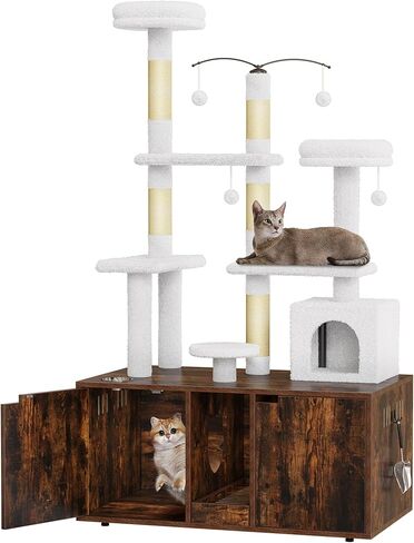 DWVO Double Cat Litter Box Enclosure with Cat Tree, Litter Box Furniture Hidden for 2 Cats, All-in-one 70.9-Inch Litter Box Furniture with Cat Tower Condo Food Station and Large Platform, Oak in Saudi Arabia