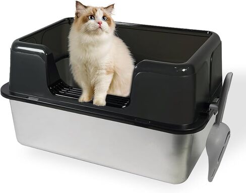 Stainless Steel Litter Box Metal Cat Litter Box, Large Cat Litter Box for Big Cat (with Lid),Anti-Leakage Easy Cleaning Non-Sticky, Size:19.6"x13.7"x11" Black Include Litter Scoop in Saudi Arabia