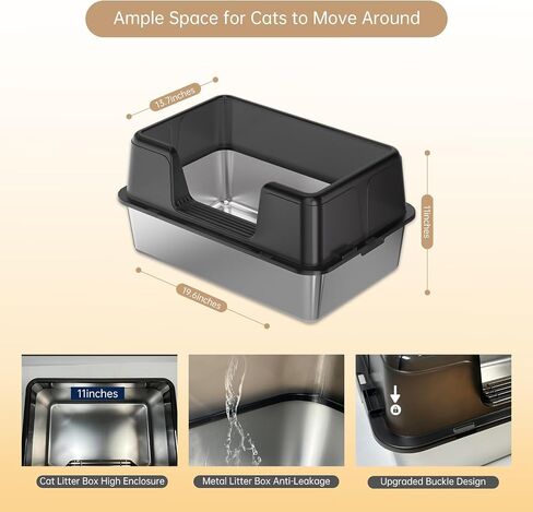 Stainless Steel Litter Box Metal Cat Litter Box, Large Cat Litter Box for Big Cat (with Lid),Anti-Leakage Easy Cleaning Non-Sticky, Size:19.6"x13.7"x11" Black Include Litter Scoop in Saudi Arabia
