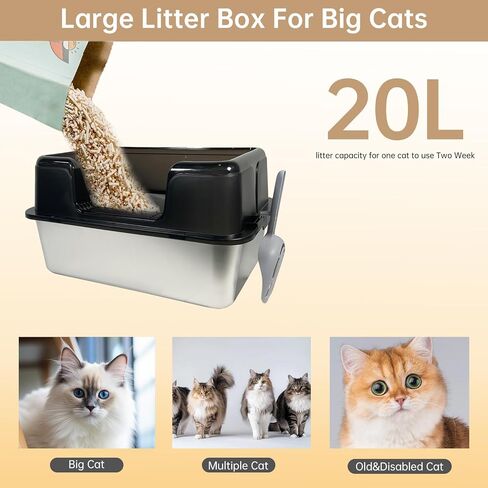Stainless Steel Litter Box Metal Cat Litter Box, Large Cat Litter Box for Big Cat (with Lid),Anti-Leakage Easy Cleaning Non-Sticky, Size:19.6"x13.7"x11" Black Include Litter Scoop in Saudi Arabia