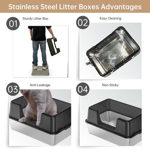 Stainless Steel Litter Box Metal Cat Litter Box, Large Cat Litter Box for Big Cat (with Lid),Anti-Leakage Easy Cleaning Non-Sticky, Size:19.6"x13.7"x11" Black Include Litter Scoop in Saudi Arabia