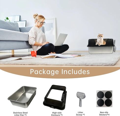 Stainless Steel Litter Box Metal Cat Litter Box, Large Cat Litter Box for Big Cat (with Lid),Anti-Leakage Easy Cleaning Non-Sticky, Size:19.6"x13.7"x11" Black Include Litter Scoop in Saudi Arabia