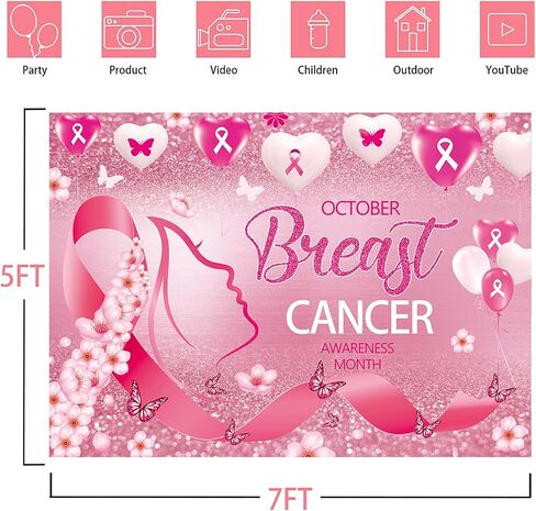 October Breast Cancer Awareness Backdrop October Pink Ribbon Flower Love Heart Butterfly Flash Background Woman Breast Cancer Survivor Walk Charity Theme Party Decoration (7x5FT) in Saudi Arabia