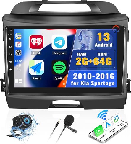 ستيريو سيارة CamECHO 2+64G Android 13 لراديو Kia Sportage 2010-2016، راديو CarPlay اللاسلكي وراديو السيارة التلقائي Android، شاشة لمس 9 بوصات داخل لوحة القيادة GPS مع بلوتوث HiFi WiFi FM/RDS SWC Mirror Link in Saudi Arabia