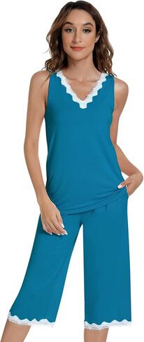 NACHILA Pajama Set for Women-Viscose Made from Bamboo, Tank Top and Capri Pant Sleeveless Pjs Sets Cool Pajamas S-4XL in Kuwait