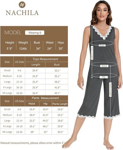 NACHILA Pajama Set for Women-Viscose Made from Bamboo, Tank Top and Capri Pant Sleeveless Pjs Sets Cool Pajamas S-4XL in Kuwait