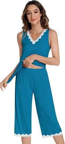 NACHILA Pajama Set for Women-Viscose Made from Bamboo, Tank Top and Capri Pant Sleeveless Pjs Sets Cool Pajamas S-4XL in Kuwait