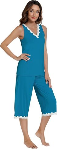 NACHILA Pajama Set for Women-Viscose Made from Bamboo, Tank Top and Capri Pant Sleeveless Pjs Sets Cool Pajamas S-4XL in Kuwait