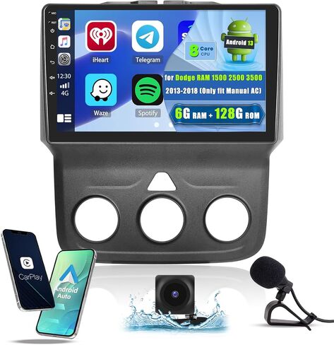 [6+128G] راديو Android لسيارة Dodge RAM 1500 2500 3500 2013-2018 (يناسب فقط التيار المتردد اليدوي) مع Carplay Android Auto، شاشة لمس 9 بوصة ستيريو مع كاميرا احتياطية GPS FM/RDS in Saudi Arabia