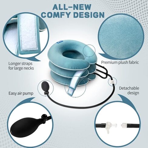 Cervical Neck Traction Device for Neck Pain Relief - Inflatable Neck Stretcher Traction Collar for Neck Decompression - Best Home Use Neck Brace, Neck Traction Pillow, Neck Pump (Black Plush) in Saudi Arabia