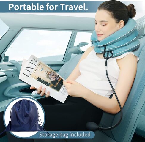 Cervical Neck Traction Device for Neck Pain Relief - Inflatable Neck Stretcher Traction Collar for Neck Decompression - Best Home Use Neck Brace, Neck Traction Pillow, Neck Pump (Black Plush) in Saudi Arabia