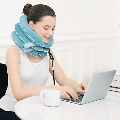 Cervical Neck Traction Device for Neck Pain Relief - Inflatable Neck Stretcher Traction Collar for Neck Decompression - Best Home Use Neck Brace, Neck Traction Pillow, Neck Pump (Black Plush) in Saudi Arabia