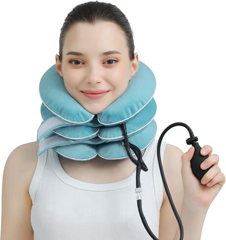 Cervical Neck Traction Device for Neck Pain Relief - Inflatable Neck Stretcher Traction Collar for Neck Decompression - Best Home Use Neck Brace, Neck Traction Pillow, Neck Pump (Black Plush) in Saudi Arabia